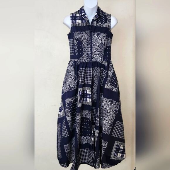 ISAAC MIZRAHI Navy Blue White Multi Print Sleeveless A-line Maxi Summer Dress XS - Picture 2 of 9